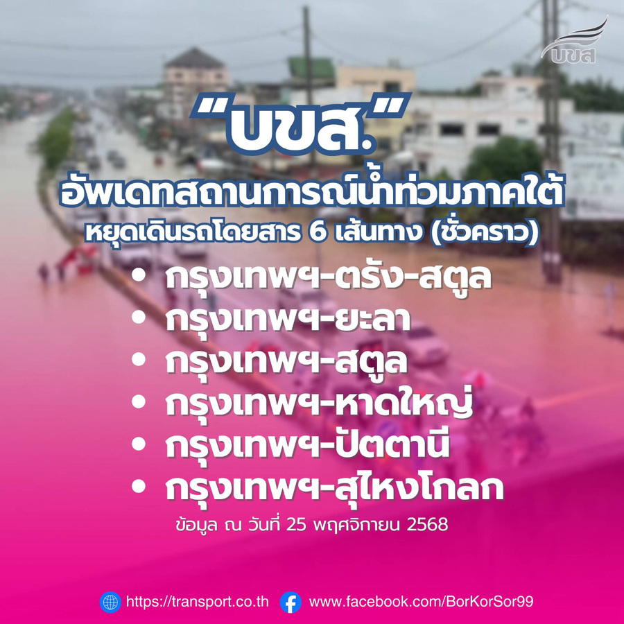 บขส. อัพเดทสถานการณ์น้ำท่วมภาคใต้ยังวิกฤต ย้ำ หยุดเดินรถโดยสาร 6 เส้นทางชั่วคราว